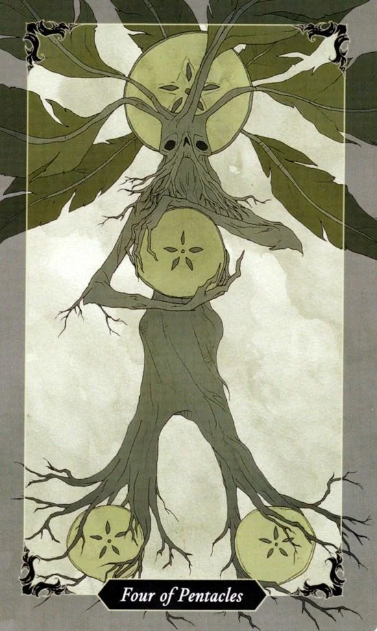 4 of Pentacles card from the Dark Wood Tarot deck