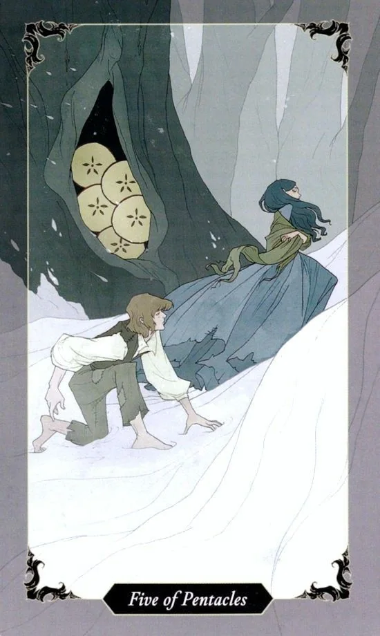 5 of Pentacles card from the Dark Wood Tarot deck
