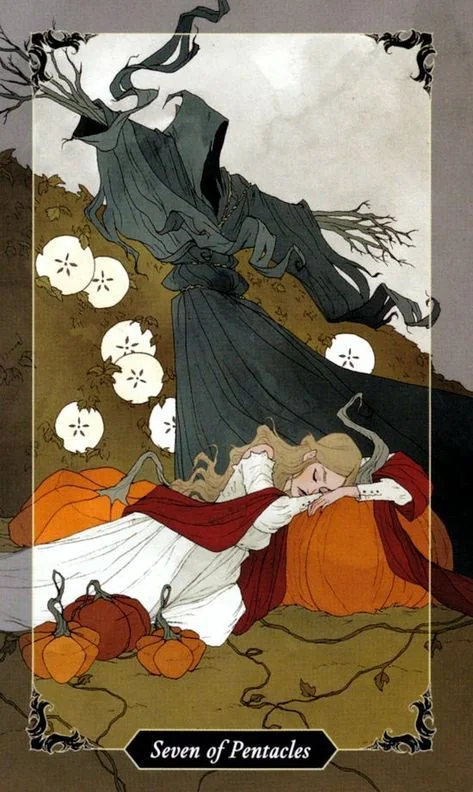 7 of Pentacles card from the Dark Wood Tarot deck
