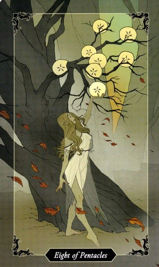8 of Pentacles card from the Dark Wood Tarot deck