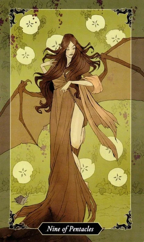 9 of Pentacles card from the Dark Wood Tarot deck