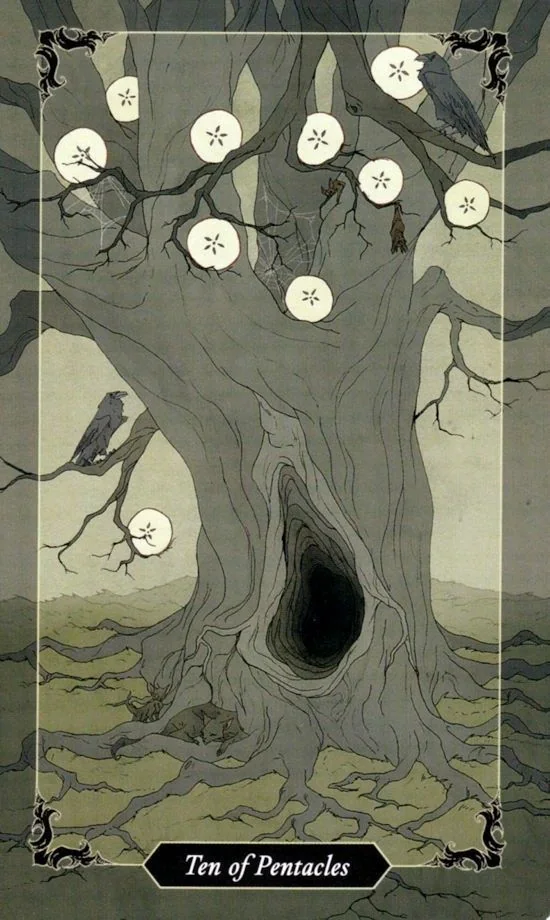 10 of Pentacles card from the Dark Wood Tarot deck