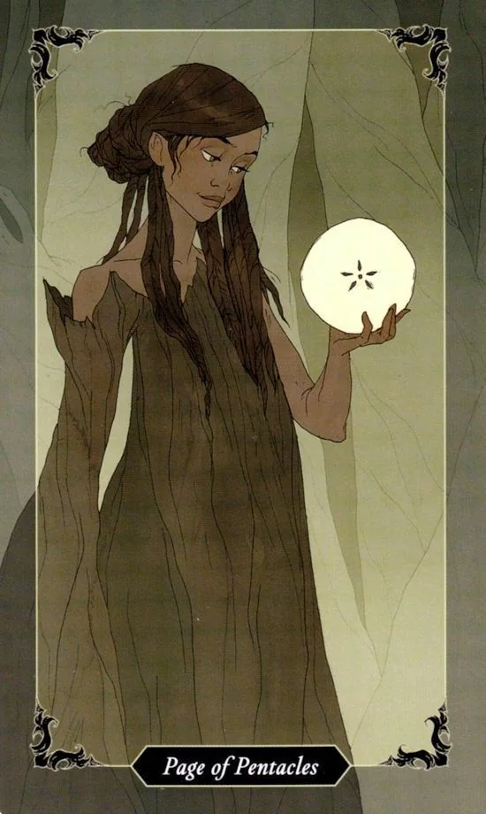 Page of Pentacles card from the Dark Wood Tarot deck