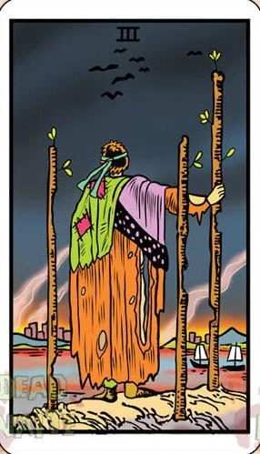 Three of Wands card from the Dead Waite Tarot deck