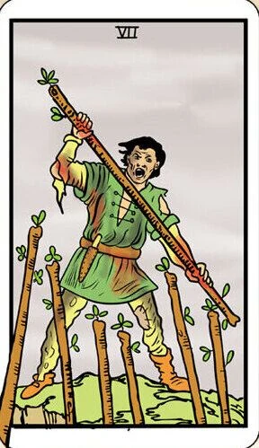Seven of Wands card from the Dead Waite Tarot deck