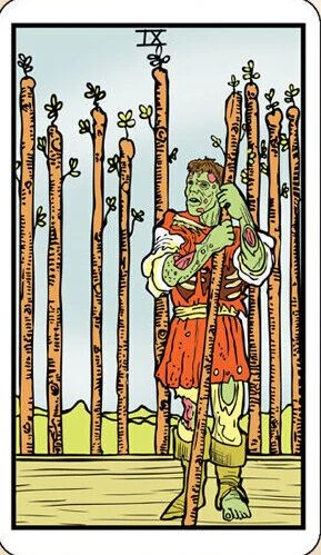 Nine of Wands card from the Dead Waite Tarot deck