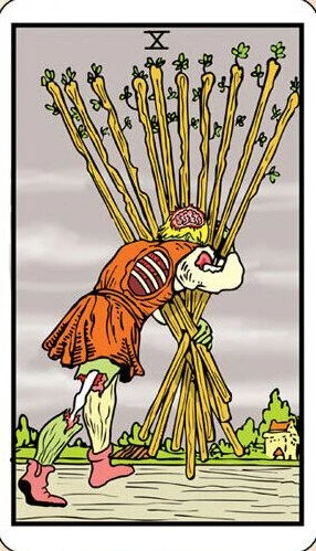 Ten of Wands card from the Dead Waite Tarot deck