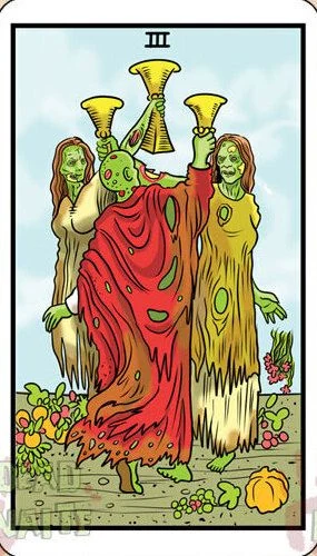 Three of Cups card from the Dead Waite Tarot deck