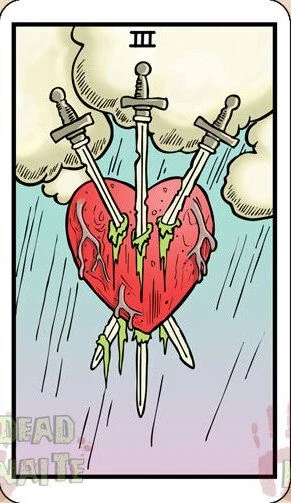 Three of Swords card from the Dead Waite Tarot deck