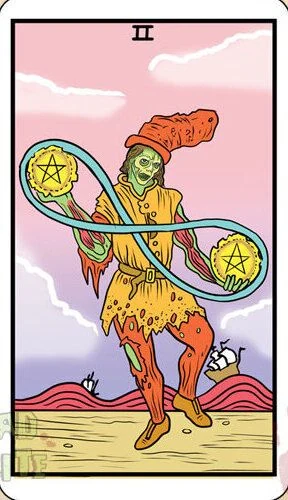 Two of Pentacles card from the Dead Waite Tarot deck