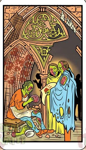 Three of Pentacles card from the Dead Waite Tarot deck