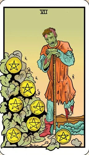 Seven of Pentacles card from the Dead Waite Tarot deck