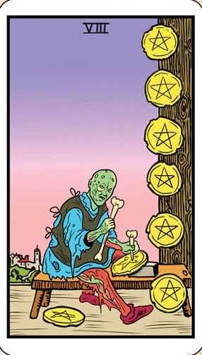 Eight of Pentacles card from the Dead Waite Tarot deck