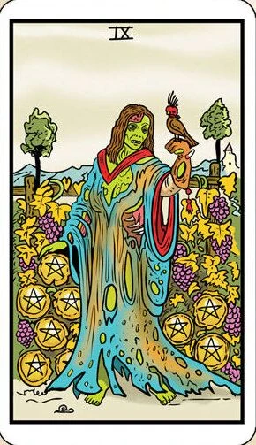 Nine of Pentacles card from the Dead Waite Tarot deck