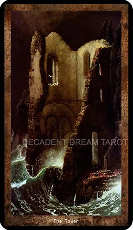 The Tower card from the Decadent Dreams Tarot deck