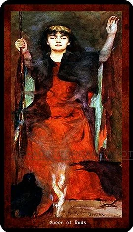 Queen of Rods card from the Decadent Dreams Tarot deck