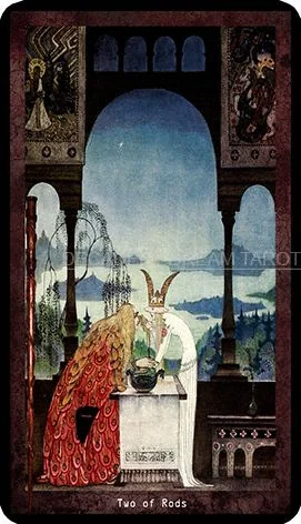 Two of Rods card from the Decadent Dreams Tarot deck