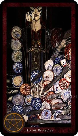 Six of Pentacles card from the Decadent Dreams Tarot deck