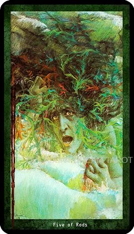 Five of Rods card from the Decadent Dreams Tarot deck