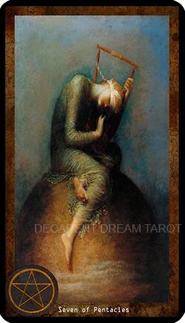 Seven of Pentacles card from the Decadent Dreams Tarot deck