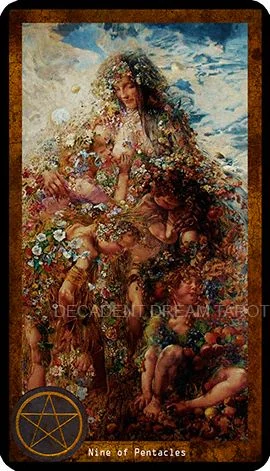 Nine of Pentacles card from the Decadent Dreams Tarot deck