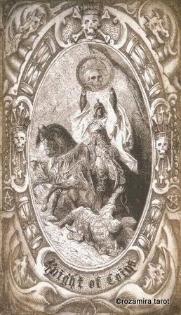 Knight of Coins card from the Deck of the Dead Tarot deck