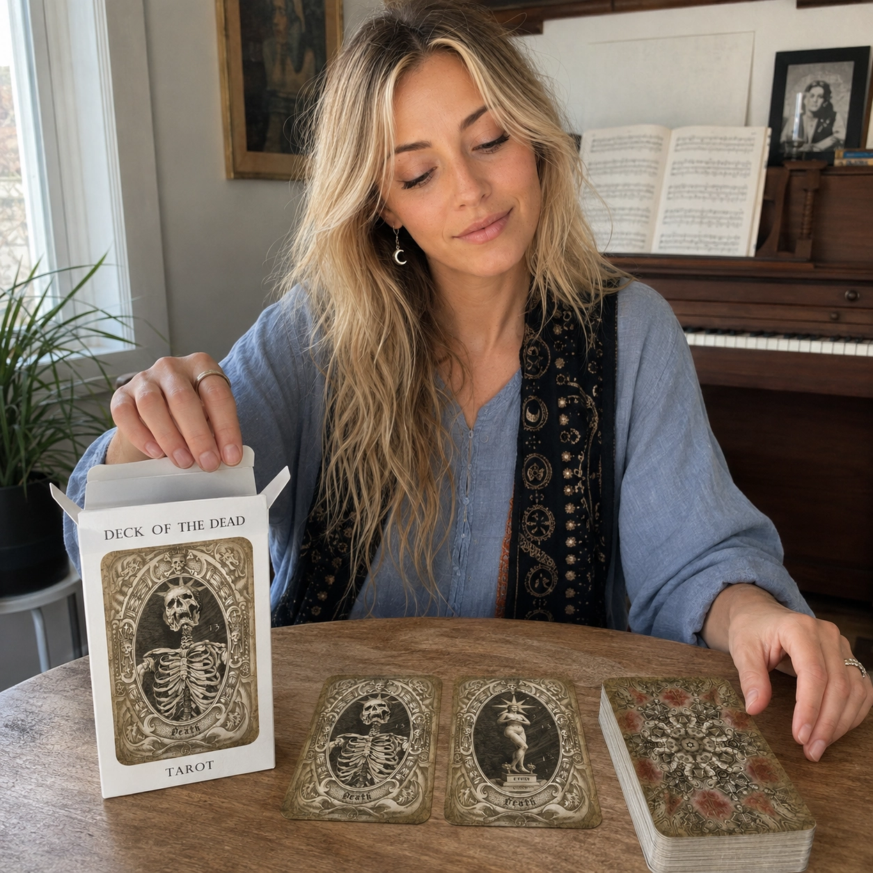 Aurica opening Deck of the Dead Tarot beside the Death and Star cards and the stacked deck