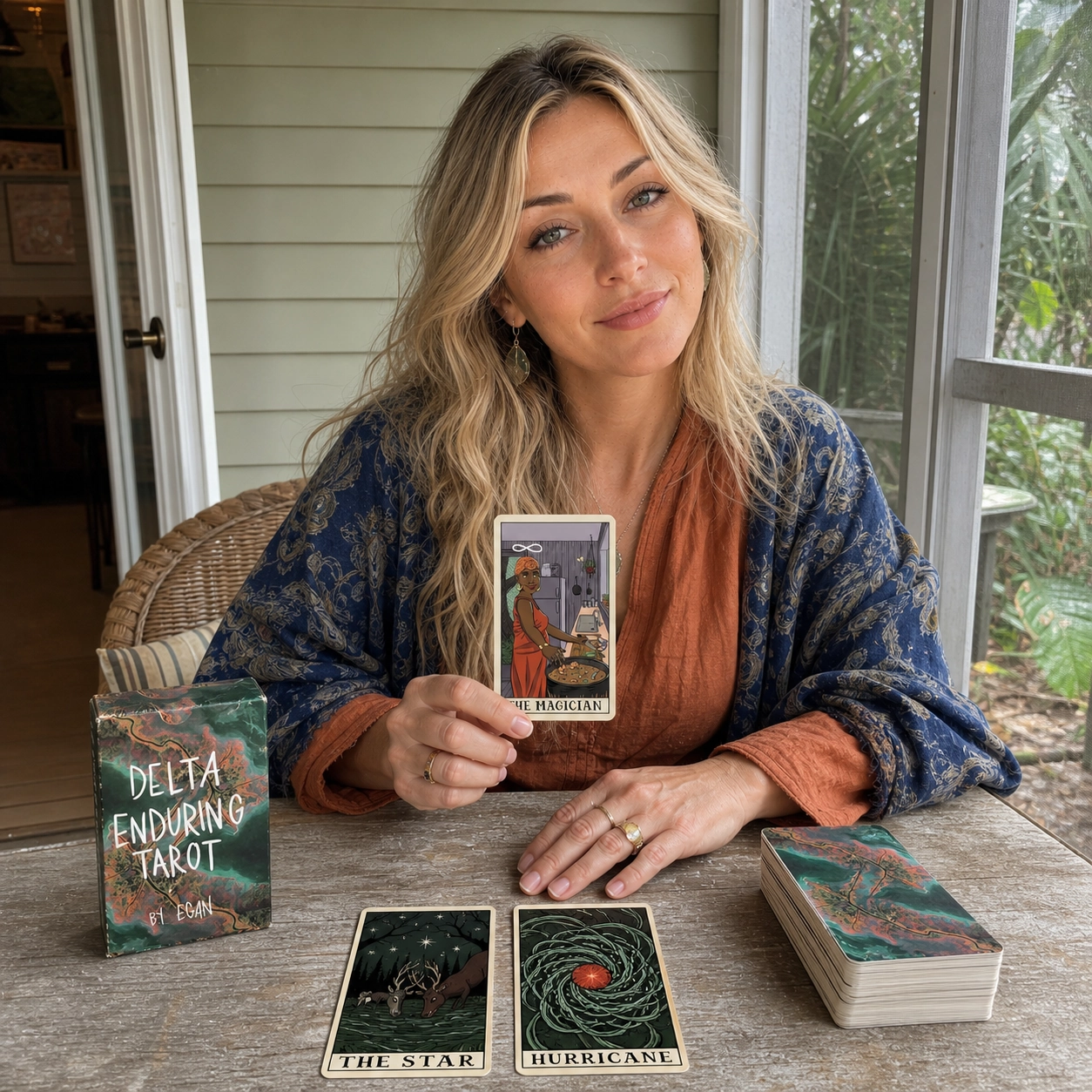 Aurica presenting The Magician from Delta Enduring Tarot beside its box, The Star and Hurricane spread, and the stacked deck