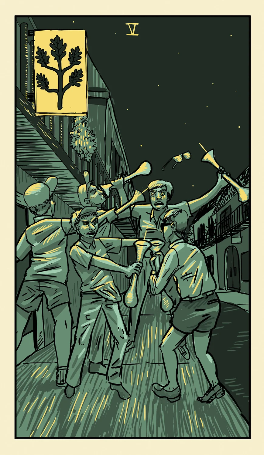 V of Oaks card from the Delta Enduring Tarot deck