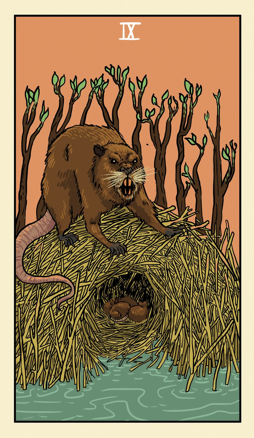 IX of Oaks card from the Delta Enduring Tarot deck
