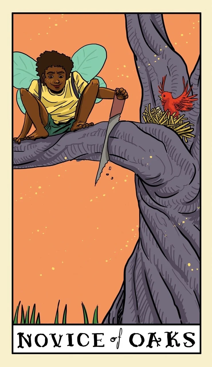 Novice of Oaks card from the Delta Enduring Tarot deck