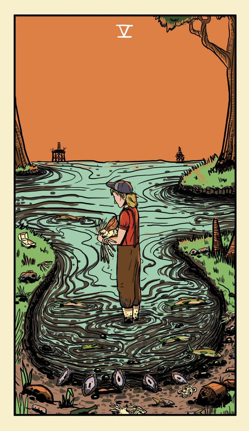 Delta Enduring Tarot Review 18 V of Oysters card from Delta Enduring Tarot