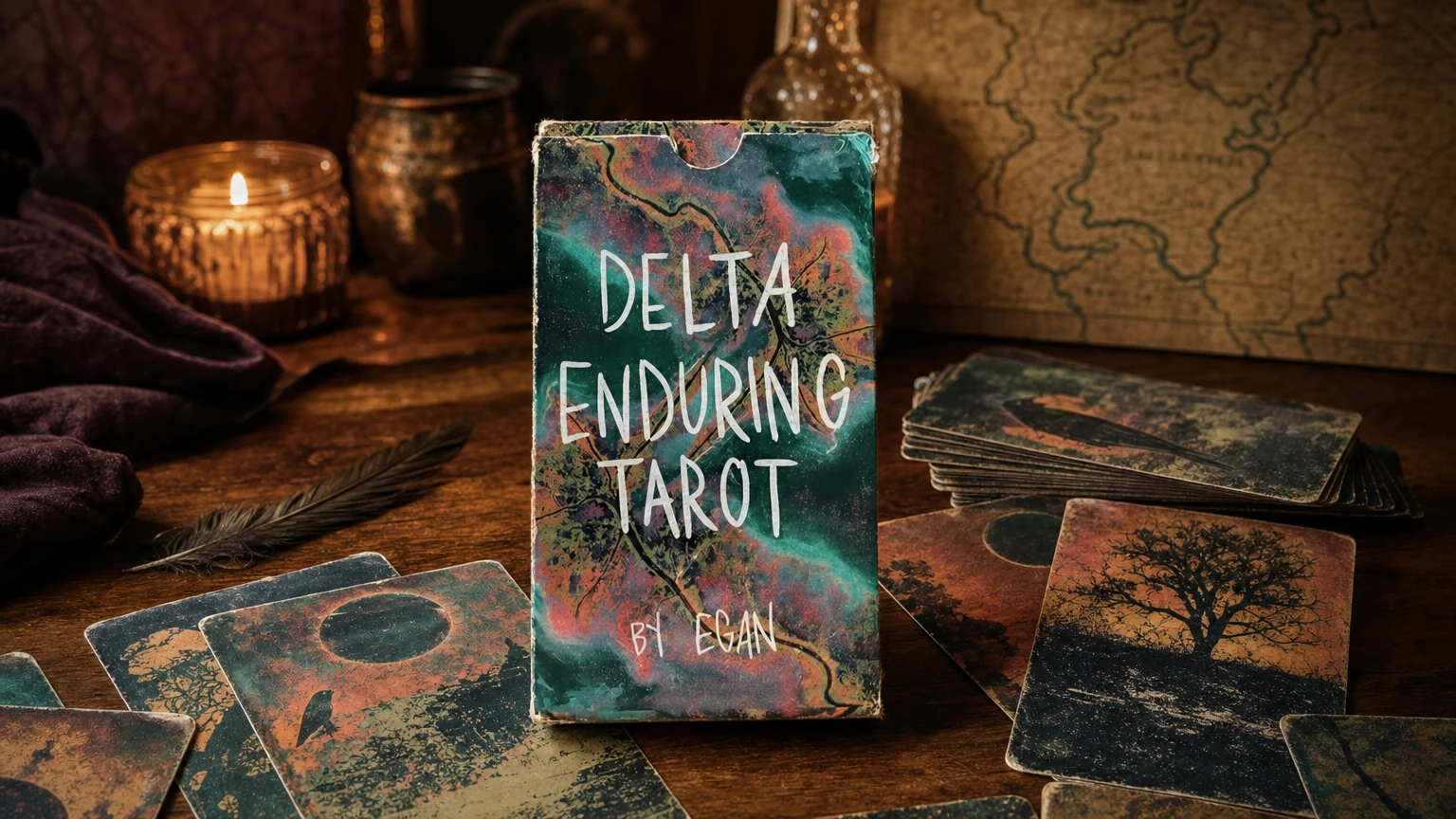 Delta Enduring Tarot final CTA image Delta Enduring Tarot handmade box and cards on a warm wood tarot table