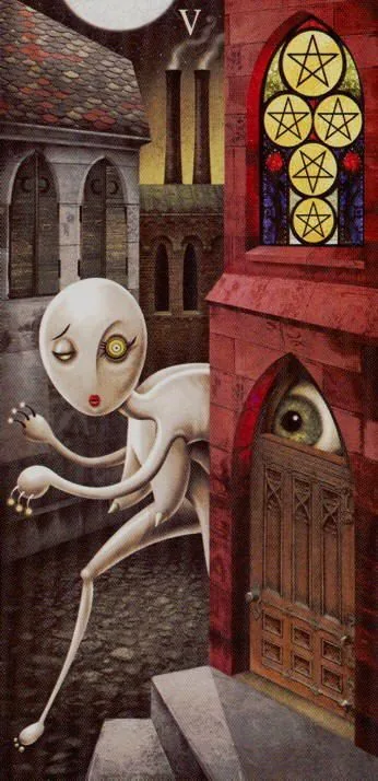 Five of Pentacles card from the Deviant Moon Tarot deck