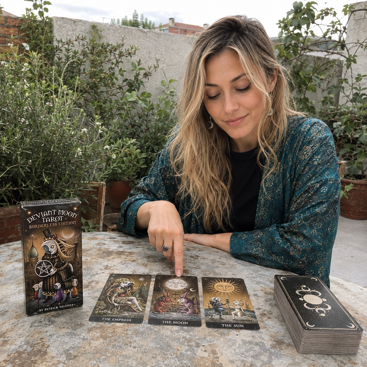 Aurica reading Deviant Moon Tarot beside its Borderless Edition box, The Empress, The Moon, The Sun, and the stacked deck