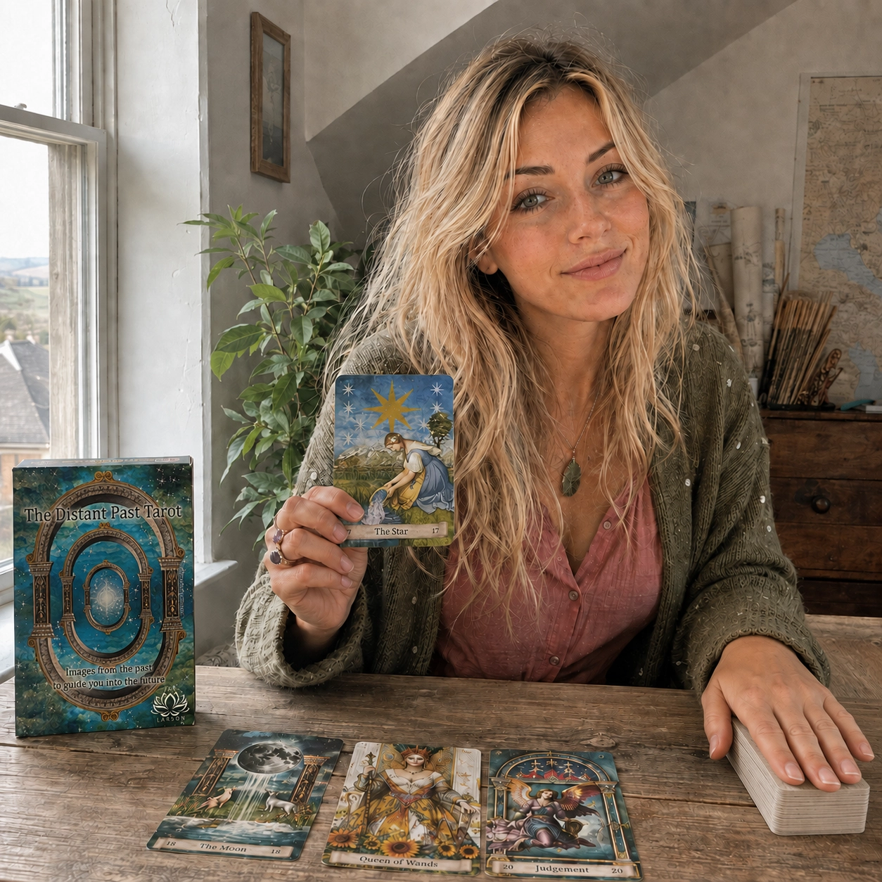 Aurica presenting The Star from Distant Past Tarot beside its box, a three-card spread, and the stacked deck