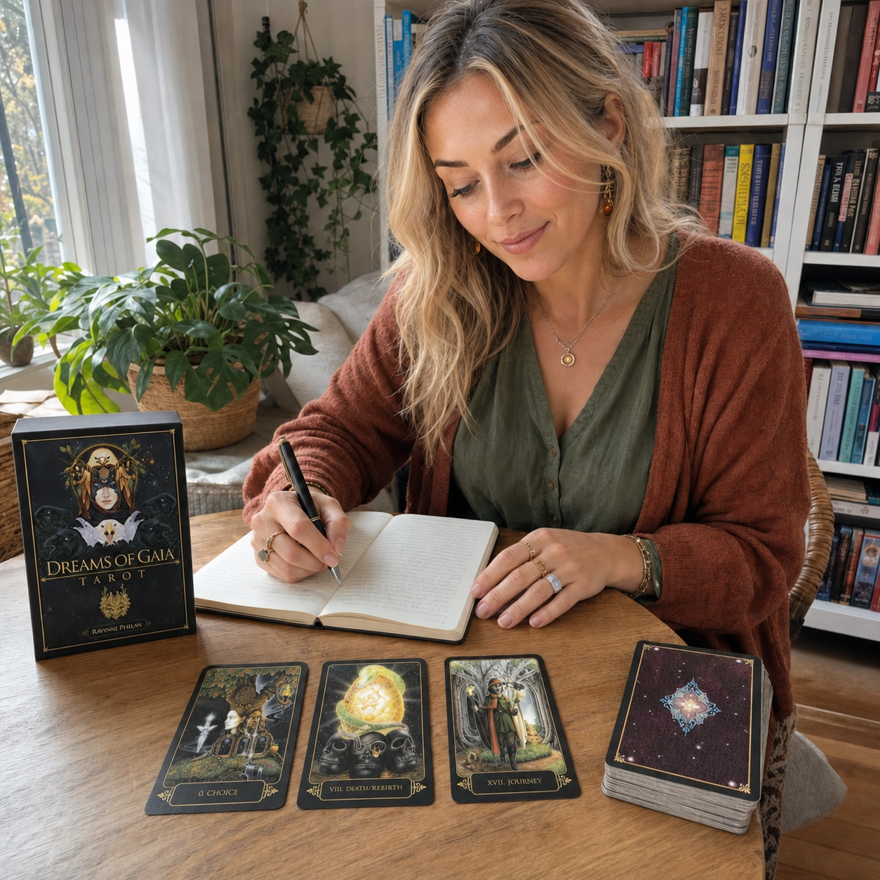 Aurica journaling with the Dreams of Gaia Tarot box, Choice, Death/Rebirth and Journey cards, and the stacked deck
