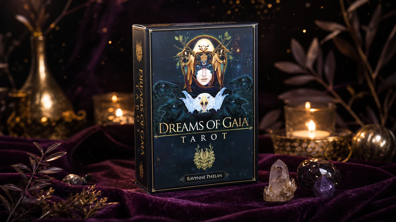 Dreams of Gaia Tarot product deck in a mystical reading setting Dreams of Gaia Tarot full-size boxed deck in a candlelit purple reading space with crystals, incense, and a gold celestial cloth