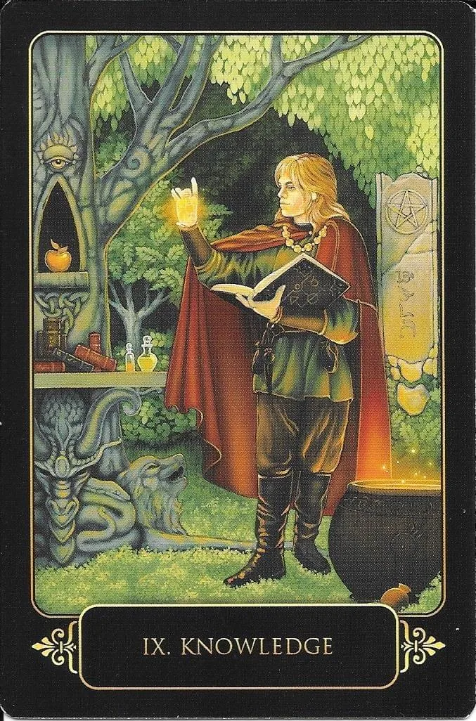Dreams of Gaia Tarot Review 6 IX. Knowledge card from Dreams of Gaia Tarot, showing a forest scholar with an open book, glowing hand, bottles, cauldron, carved eye, and pentagram stone