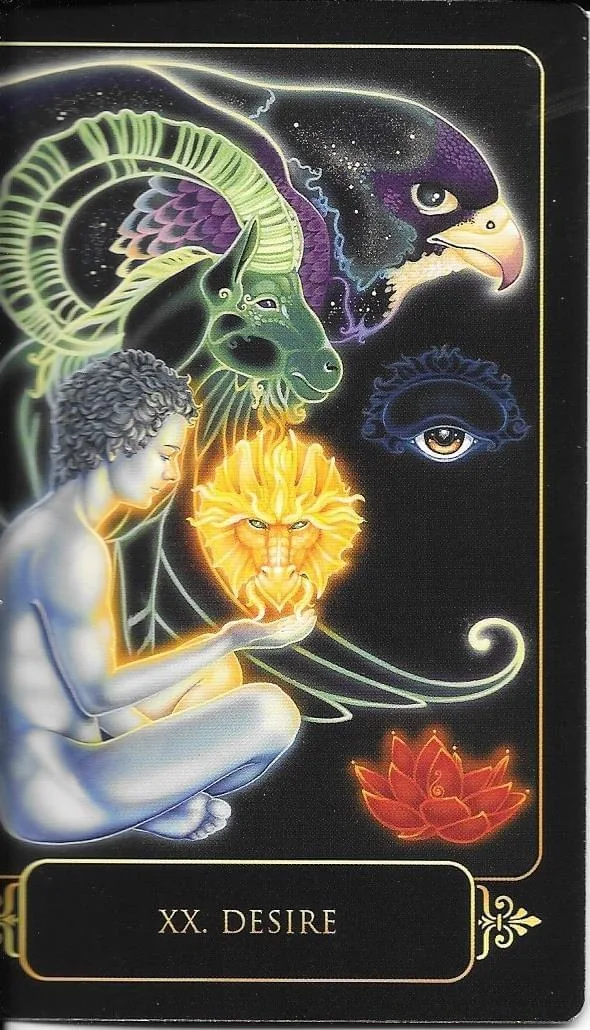 Dreams of Gaia Tarot Review 1 XX. Desire card from Dreams of Gaia Tarot, showing a seated figure holding a living flame beneath ram, eagle, eye, and lotus symbols