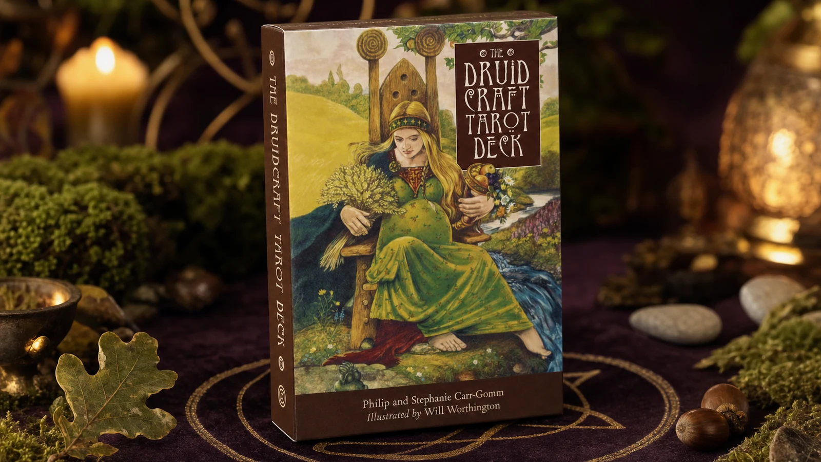 Druidcraft Tarot Deck by Philip and Stephanie Carr-Gomm in a generated garden reading-table scene