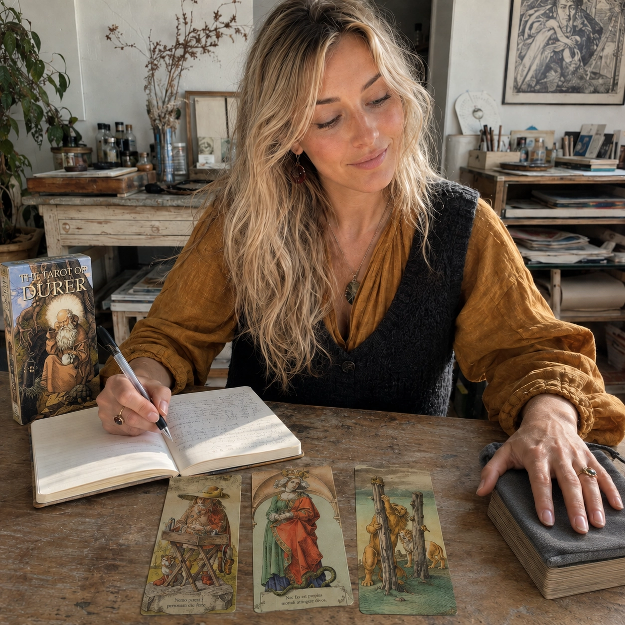 Aurica journaling beside The Durer Tarot box, a three-card face-up spread, and the stacked deck