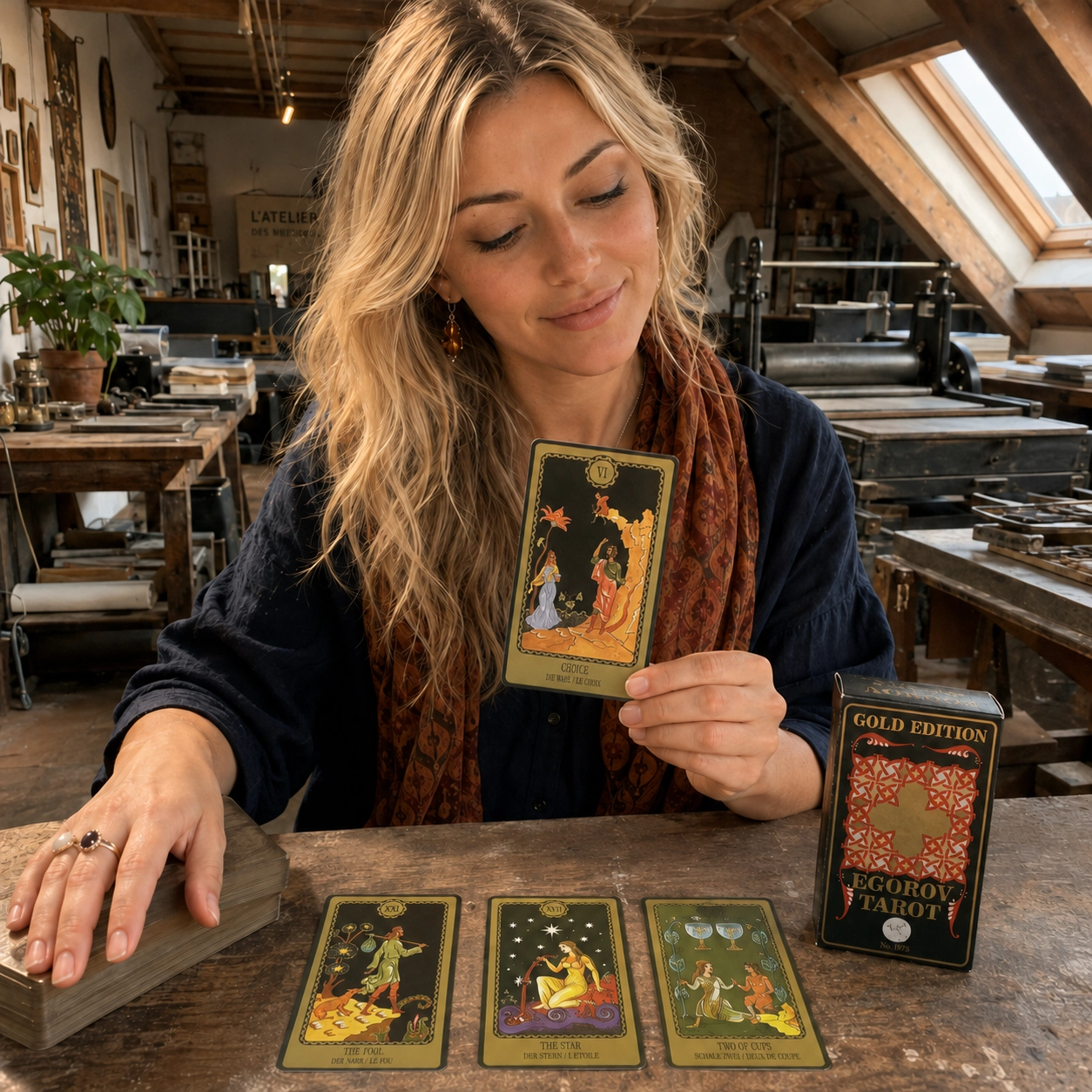Aurica reading Egorov Tarot with the Choice card, The Fool, The Star, Two of Cups, deck box, and stacked deck