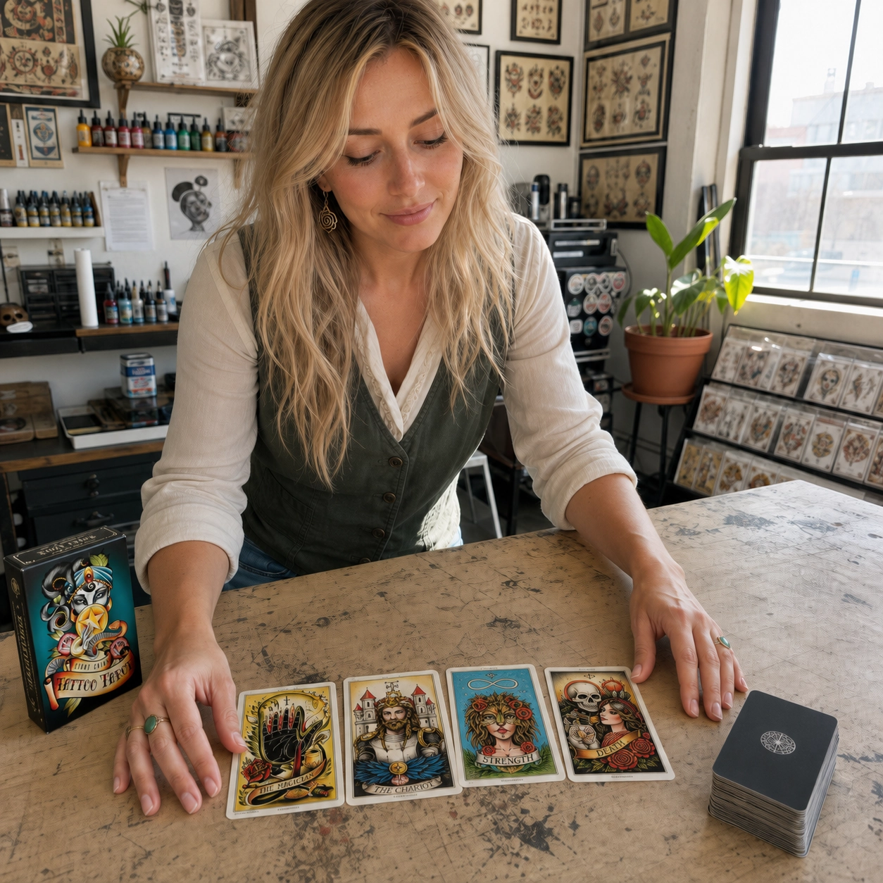 Aurica arranging The Magician, The Chariot, Strength and Death from Eight Coins Tattoo Tarot beside its box and stacked deck