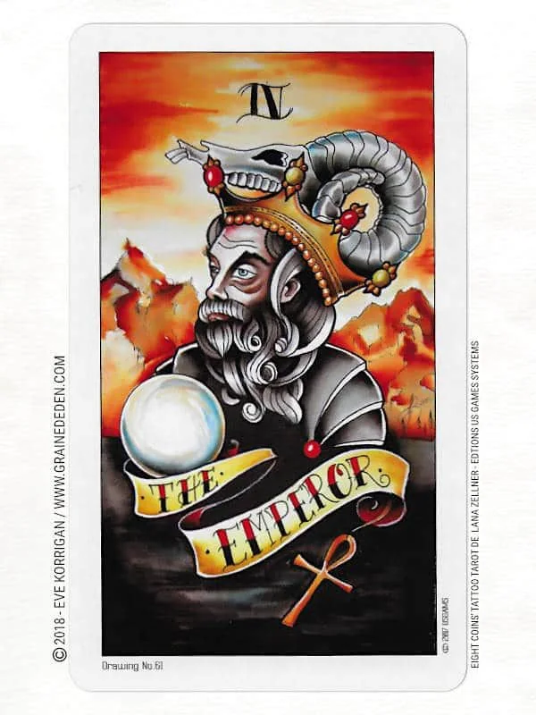 The Emperor card from the Eight Coins Tattoo Tarot deck