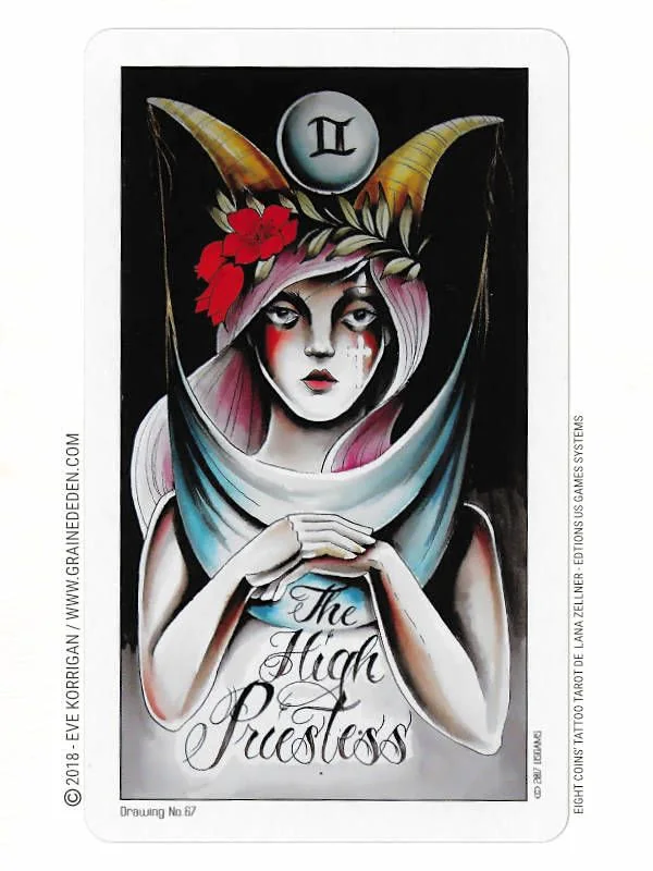 The High Priestess card from the Eight Coins Tattoo Tarot deck