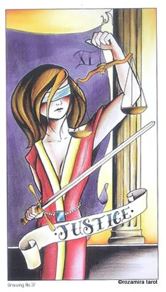 Justice card from the Eight Coins Tattoo Tarot deck