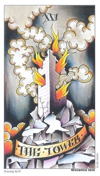The Tower card from the Eight Coins Tattoo Tarot deck