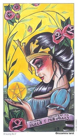 Queen of Pentacles card from the Eight Coins Tattoo Tarot deck