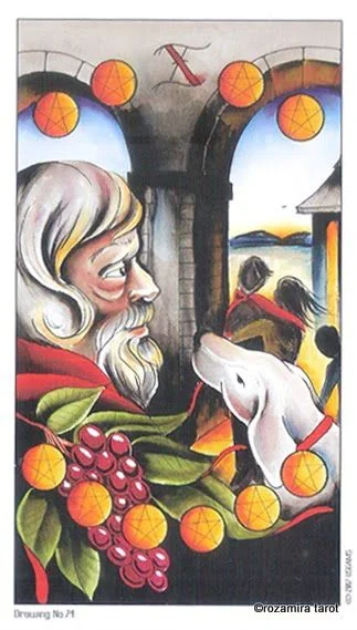 Ten of Pentacles card from the Eight Coins Tattoo Tarot deck
